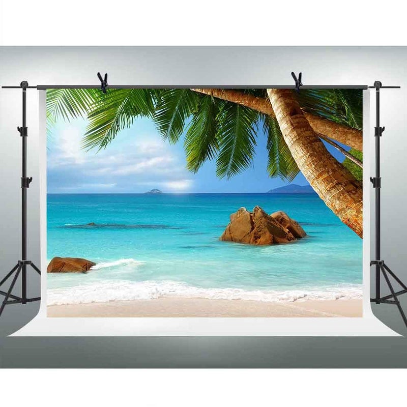 FHZON 10x7ft Tropical Beach Photography Backdrops White Cloud Blue Sky Sea Coconut Tree Background Holiday Travel Theme Party Photo Booth Props PFH566 - Image 1